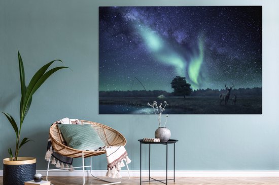 Peintures Toiles Aurores Boréales - Ciel Étoilé - Nuit - Cerf - 180x120 cm - Décoration murale XXL