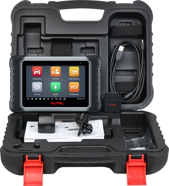 Autel MaxiCOM MK808BT PRO diagnose tablet in een zwarte draagkoffer met rode sluitingen. Inclusief VCI module, USB-kabels, power adapter en documentatie.