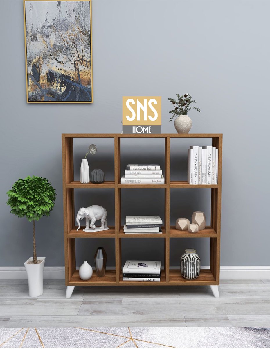 SNS Home - Kubus Boekenkast - 9 Vakken - Boekenkast met Planken - Vierkante Boekenkast - Bibliotheek - Okkernoot