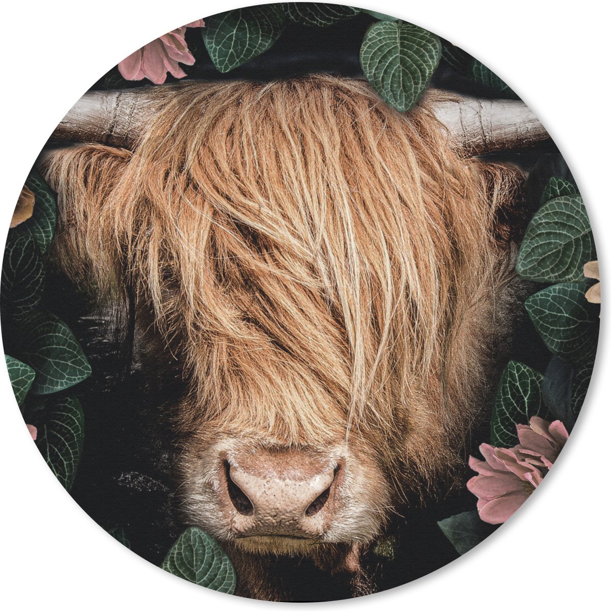 Muismat rond 20x20 cm - Mousepad Schotse hooglander - Bloemen - Koe - Ronde muismatten