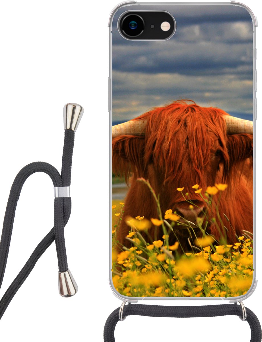 Telefoonhoesje Geschikt voor iPhone 8 - Schotse Hooglander - Dieren - Bloemen - Siliconen - Crossbody - Backcover met Koord - Telefoonhoesje met koord - Hoesje met touw Telefoonhoesje