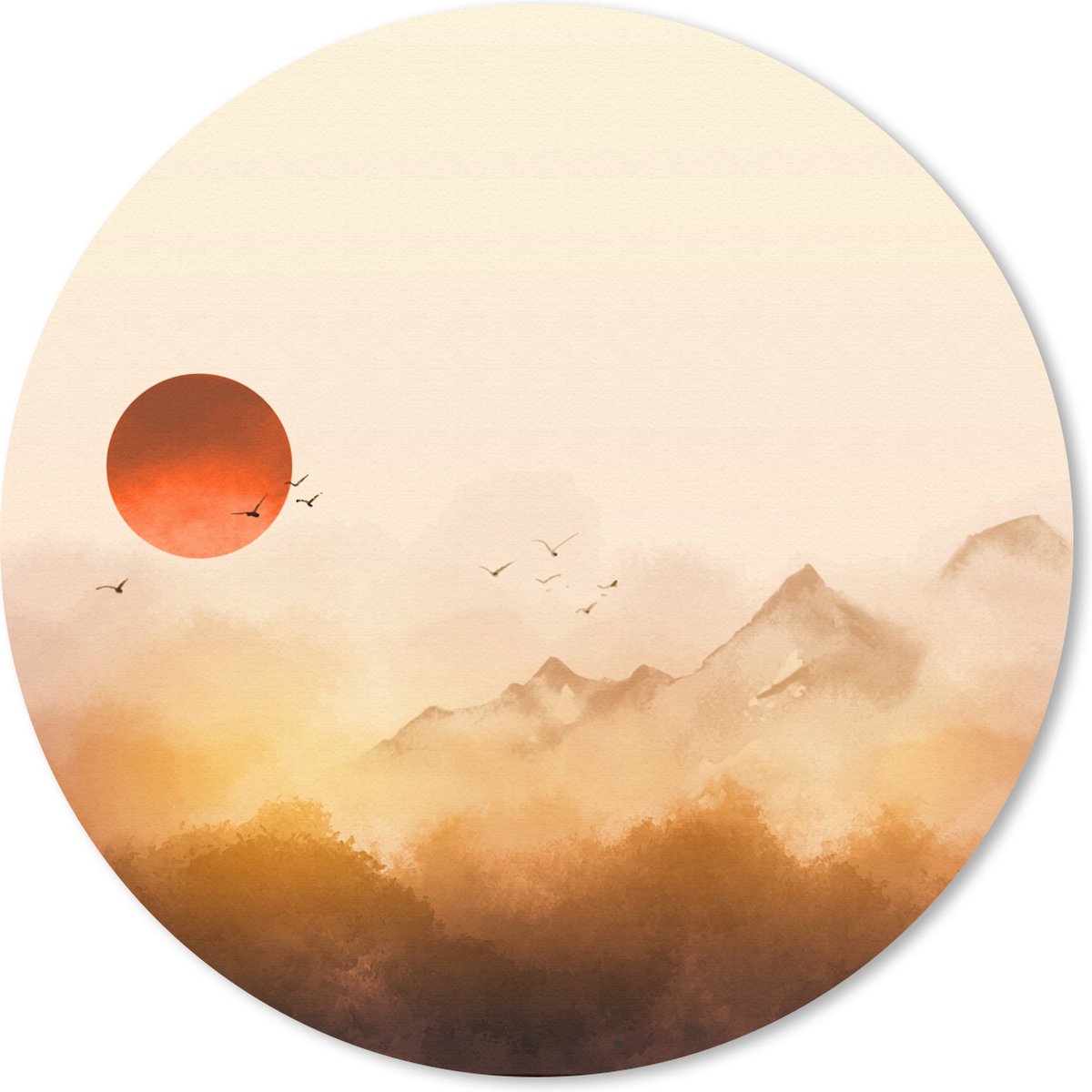 Muismat rond 40x40 cm - Mousepad Schilderij - Zon - Landschap - Vogels - Ronde muismatten