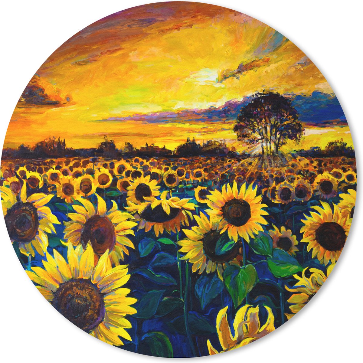 Muismat rond 50x50 cm - Mousepad Schilderij - Olieverf - Bloemen - Zonnebloem - Ronde muismatten