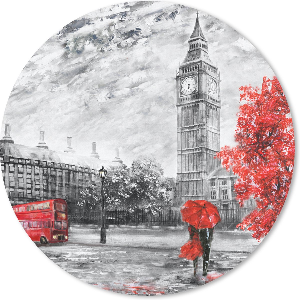 Muismat rond 30x30 cm - Mousepad Schilderij - Big Ben - Rood - Paraplu - Ronde muismatten