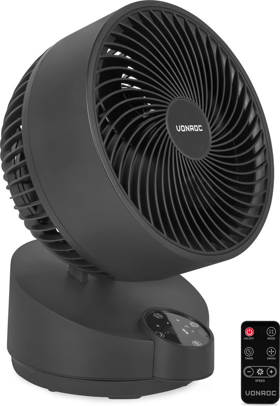 VONROC BREEZE Ventilator - fluisterstille tafelventilator - Incl. afstandsbediening - 3 snelheden - zwenkfunctie - 180° kantelbaar - zwart