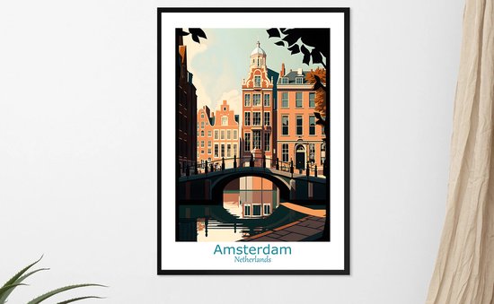 Print van Amsterdam in prachtige pastelkleuren - Illustratie Amsterdam en grachten- poster 50x70cm - met zwarte kunststof wissellijst