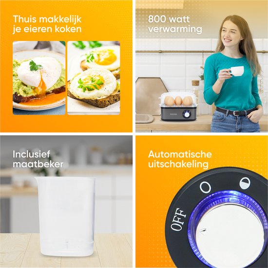 Collage met afbeeldingen van eieren (gepocheerd en gebakken), een vrouw, een eierkoker, en een maatbeker.