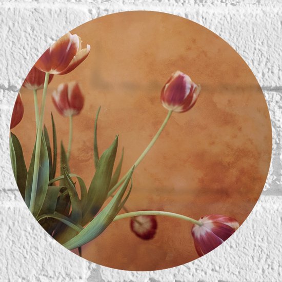Muursticker Cirkel - Geel - Rode Tulpen in Vaas tegen Bruin Gevlekte Muur - 20x20 cm Foto op Muursticker