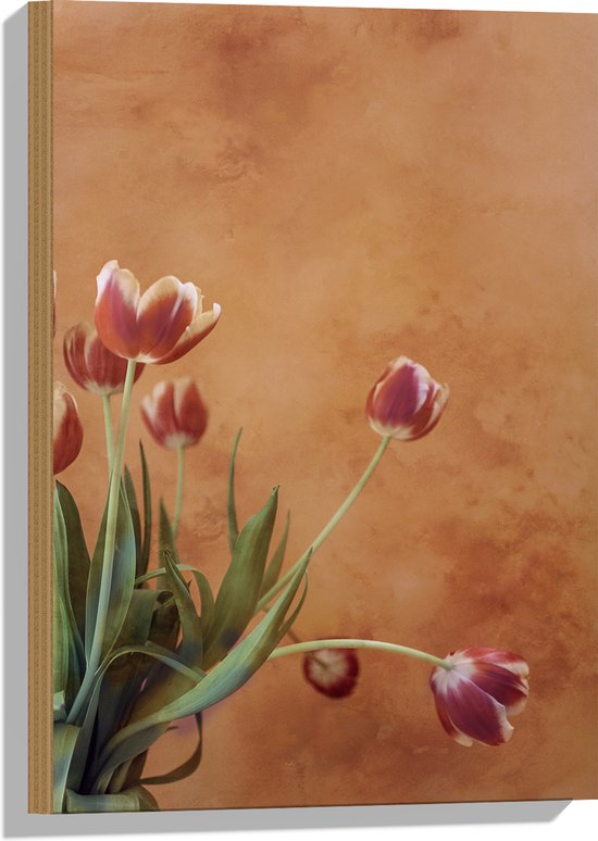 Hout - Geel - Rode Tulpen in Vaas tegen Bruin Gevlekte Muur - 40x60 cm - 9 mm dik - Foto op Hout (Met Ophangsysteem)