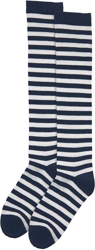 Chaussettes hautes bleues marine et blanches à rayures, présentées en paire.