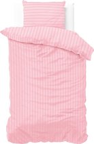 1-persoons dekbedovertrek (dekbed hoes) zachtroze / licht roze gestreept met fijne strepen / banen eenpersoons 140 x 220 cm (beddengoed meisjes slaapkamer / tieners)