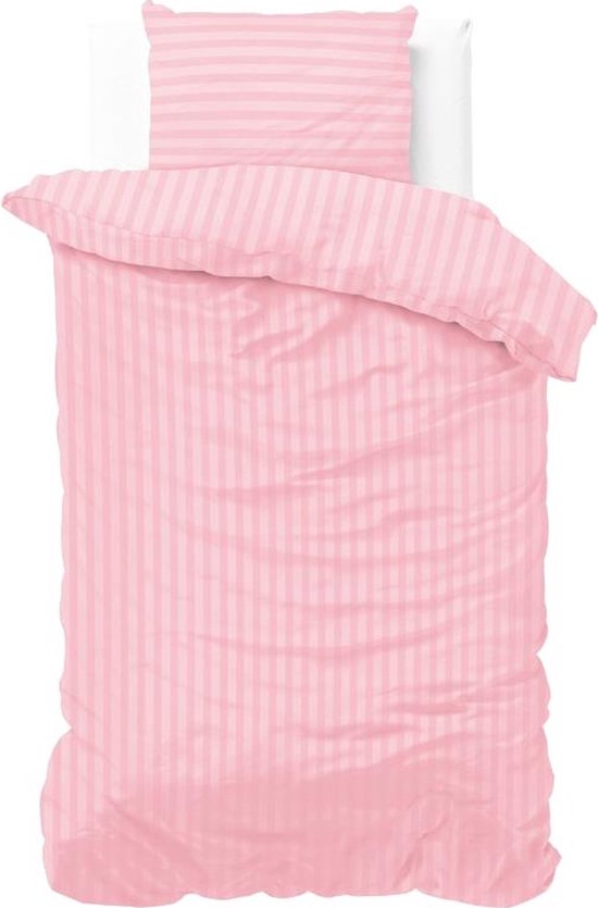 1-persoons dekbedovertrek (dekbed hoes) zachtroze / licht roze gestreept met fijne strepen / banen eenpersoons 140 x 220 cm (beddengoed meisjes slaapkamer / tieners)