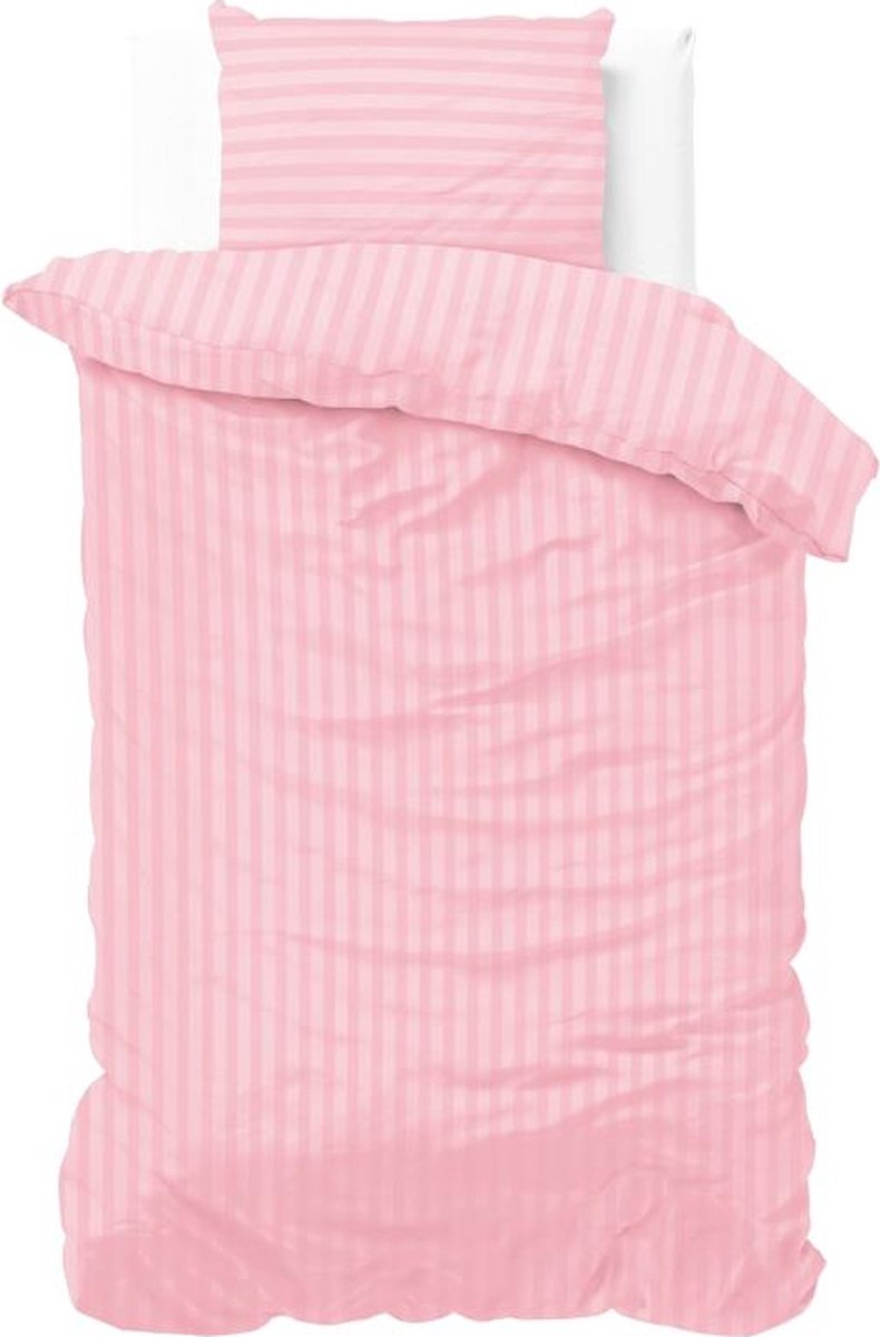 1-persoons dekbedovertrek (dekbed hoes) zachtroze / licht roze gestreept met fijne strepen / banen eenpersoons 140 x 220 cm (cadeau idee meisjes slaapkamer)