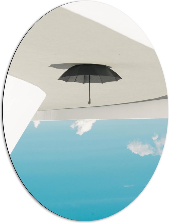 Dibond Ovaal - Zwarte Paraplu Hangend aan Wit Vlak bij Wolken - 72x96 cm Foto op Ovaal (Met Ophangsysteem)