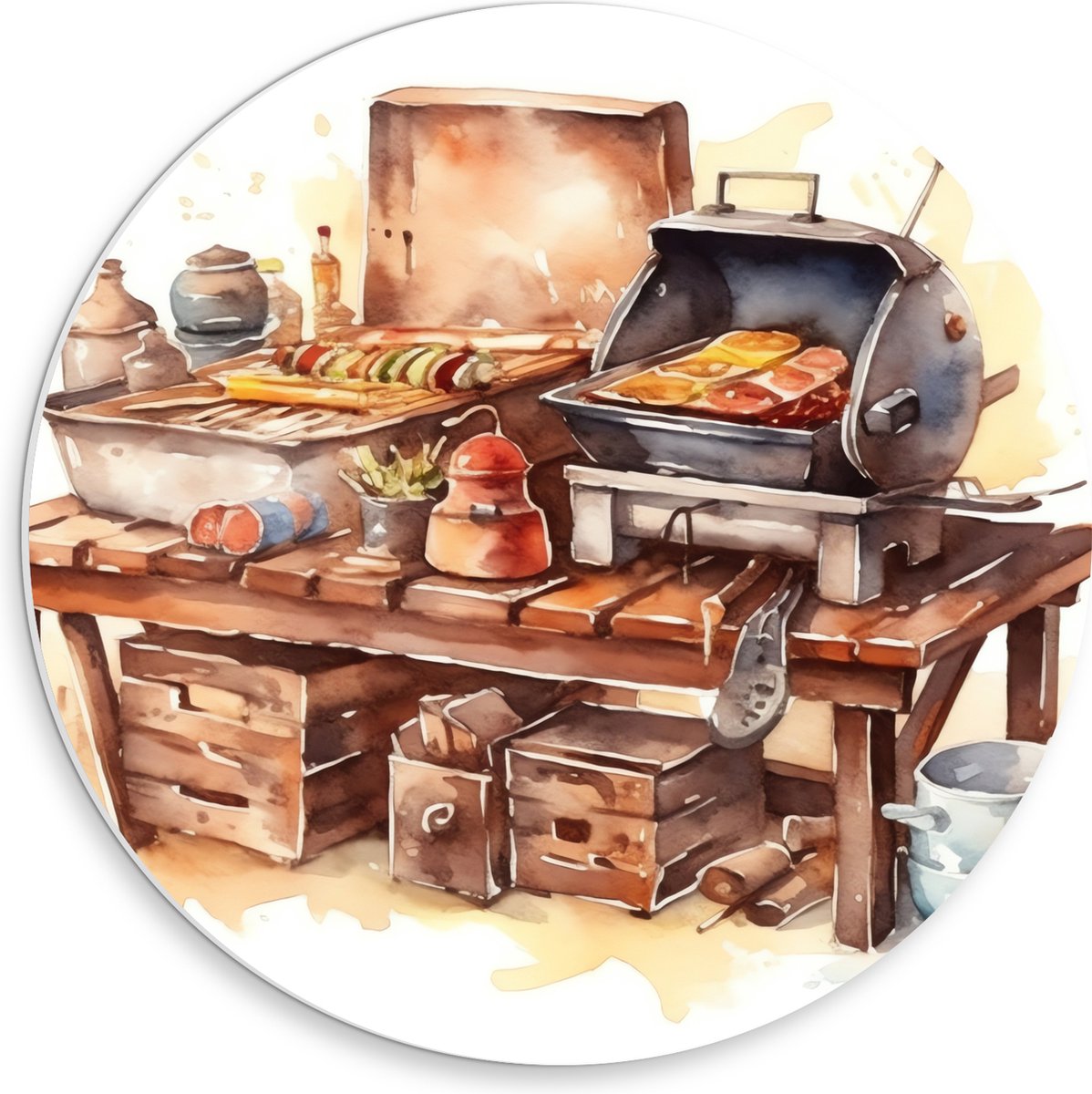 PVC Schuimplaat Muurcirkel - Waterverf Tekening met Barbecue en Eten - 30x30 cm Foto op Muurcirkel (met ophangsysteem)