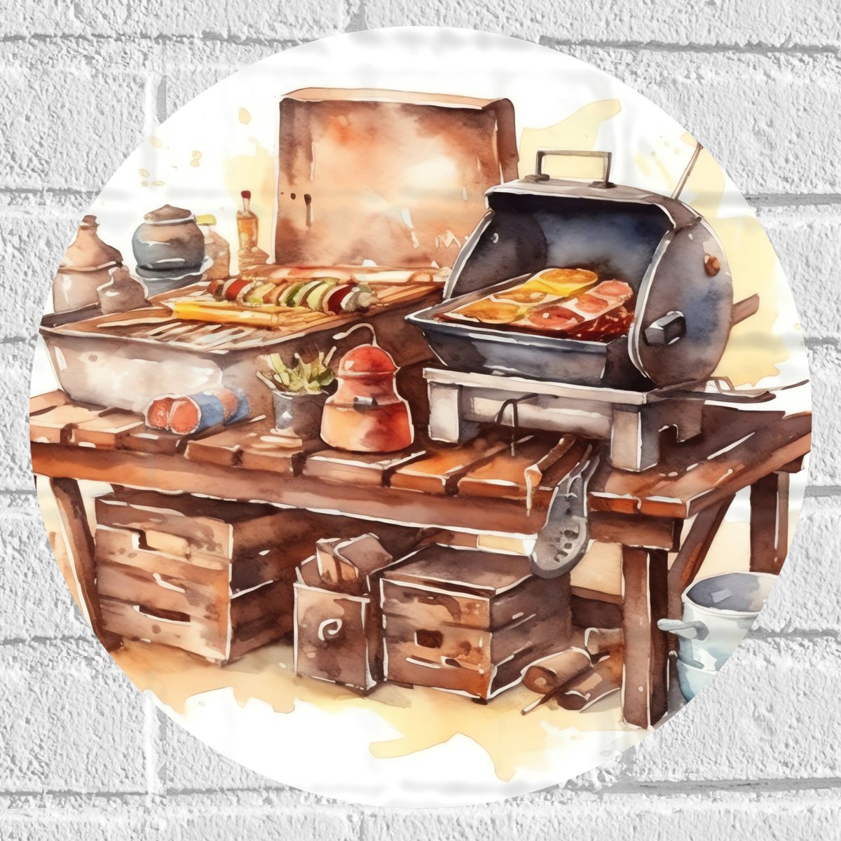 Muursticker Cirkel - Waterverf Tekening met Barbecue en Eten - 40x40 cm Foto op Muursticke