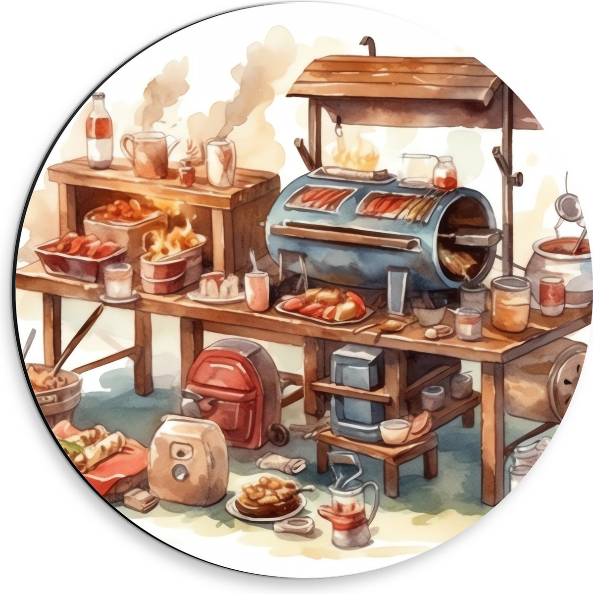 Dibond Muurcirkel - Tekening van Barbecue - 30x30 cm Foto op Aluminium Muurcirkel (met oph