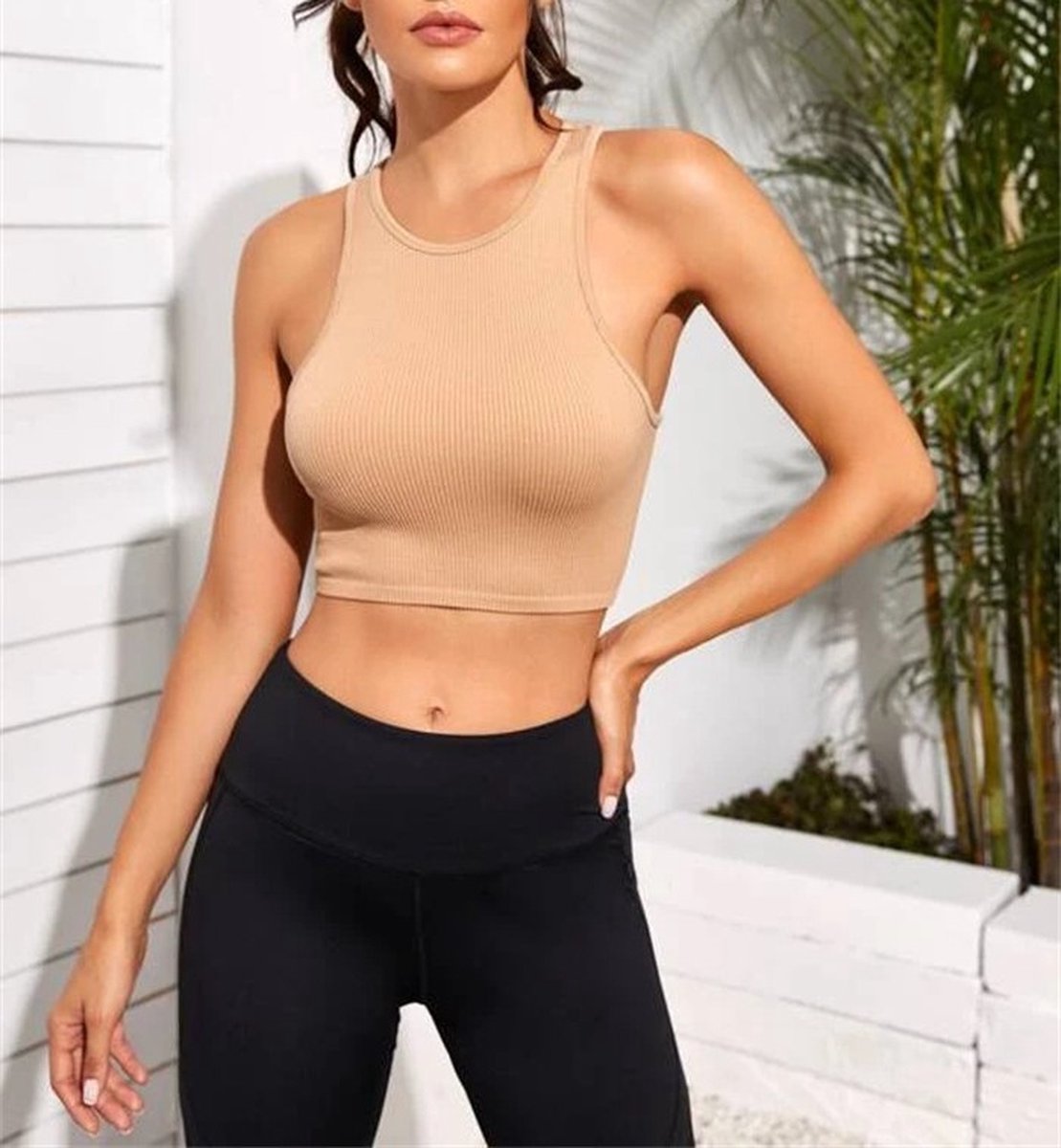 ASTRADAVI Casual Wear - Geribbelde Crop Tops Dames - Mouwloos Tanktops - Beige / Small