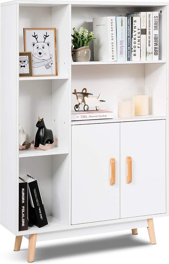Consolekast wit, dressoir met kast en vakken, vrijstaand, bijzetkast, opbergrek voor thuis en op kantoor