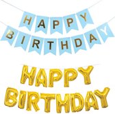 2-delige slinger set Happy Birthday licht blauw met goud - happy birthday - verjaardag - slinger - folie ballonnen - blauw - goud