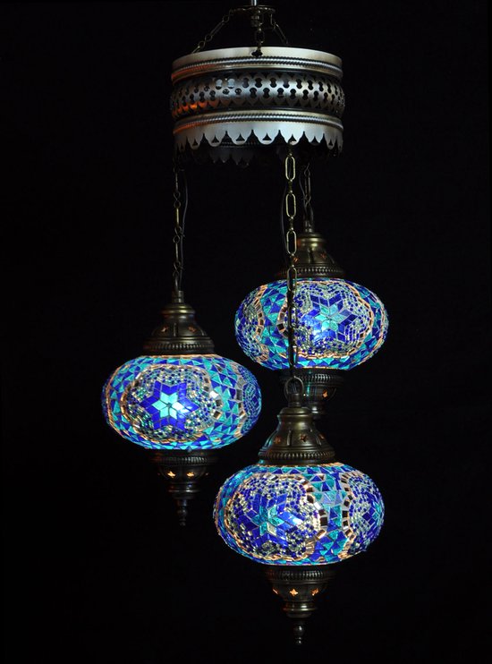 Hanglamp - blauw - glas- mozaïek - Turkse lamp - oosterse lamp - kroonluchter - 3 bollen - glas - mozaïek.