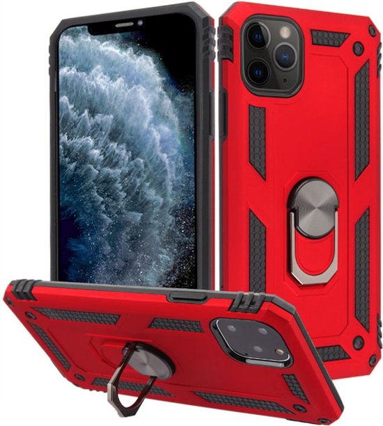 Hoesje Geschikt voor Apple iPhone 13 pro Stevige Magnetische Anti shock ring back cover case/schokbestendig/TPU met stand + gratis screenprotector kleur Rood