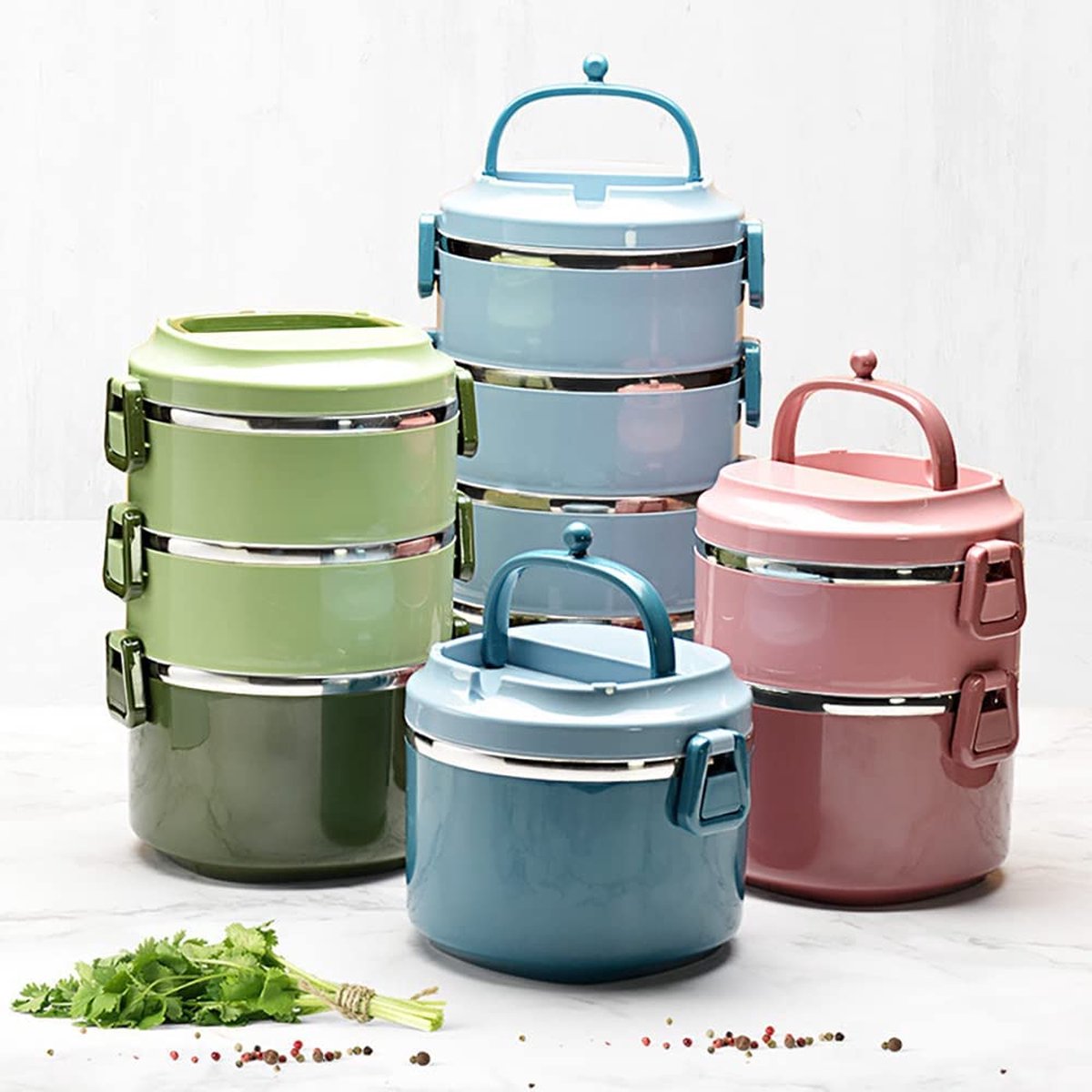 Portable Geïsoleerde Lunchbox Set Met Bestek - 4 Roestvrijstalen Lekvrije Stapelbare Voedseldozen Met Thermotas Lunchbox Set Voor Volwassenen Studenten Beige