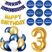 27-delige Happy Birthday decoratie set 3 met slingers, ballonnen en buttons blauw met goud - 3 - derde - verjaardag - ballonnen - slingers - decoratie - blauw - goud
