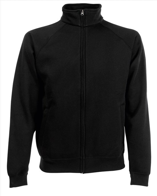 Zwarte sweater met rits, opstaande kraag en steekzakken, op een witte achtergrond.