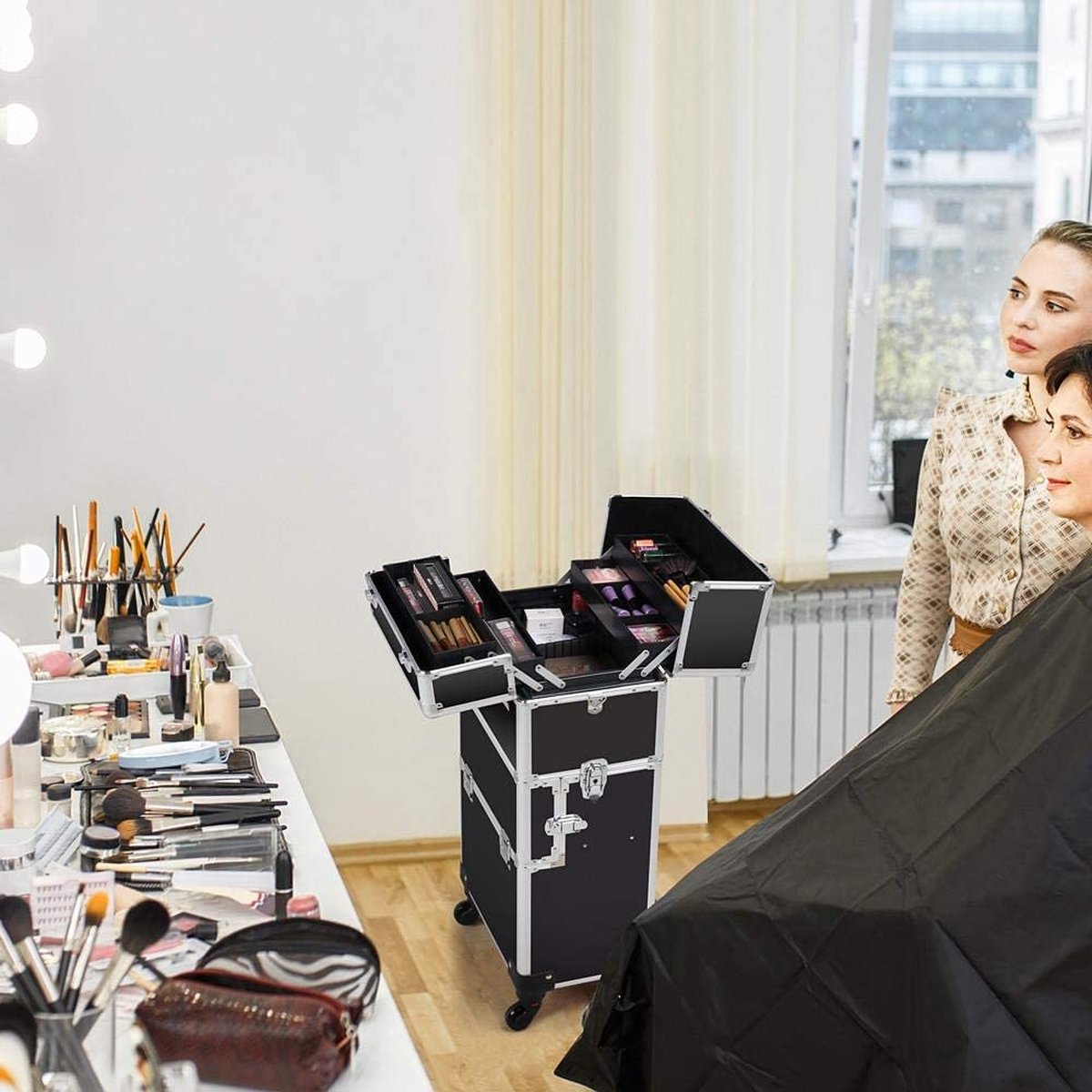 Cosmeticakoffer, groot, kapperskoffer, aluminium, sieradenkoffer, beautycase, koffer, trolley met sloten en draagriem, zwart HMTM-MC-30013