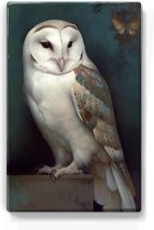 Verstilde Ontmoeting: De Witte Uil en de Nachtvlinder - Handgelakt - 19,5 x 30 cm - Niet van echt te onderscheiden schilderijtje op hout - Mooier dan een print op canvas - Laqueprint.