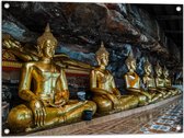 Tuinposter – Rijen Gouden Boeddha's in Wat Tham Khuha Sawan Tempel in Thailand - 80x60 cm Foto op Tuinposter (wanddecoratie voor buiten en binnen)