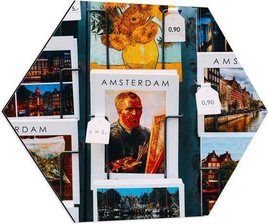 Dibond Hexagon - Amsterdamse Ansichtkaarten in het Rek - 70x60.9 cm Foto op Hexagon (Met Ophangsysteem)