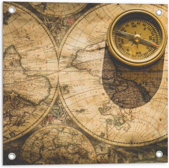 Tuinposter – Kompas met Wereldkaarten - 50x50 cm Foto op Tuinposter (wanddecoratie voor buiten en binnen)