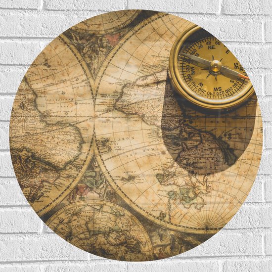 Muursticker Cirkel - Kompas met Wereldkaarten - 70x70 cm Foto op Muursticker