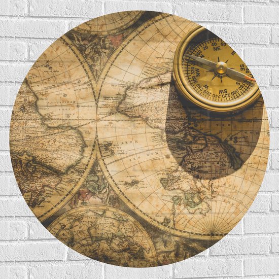 Muursticker Cirkel - Kompas met Wereldkaarten - 90x90 cm Foto op Muursticker