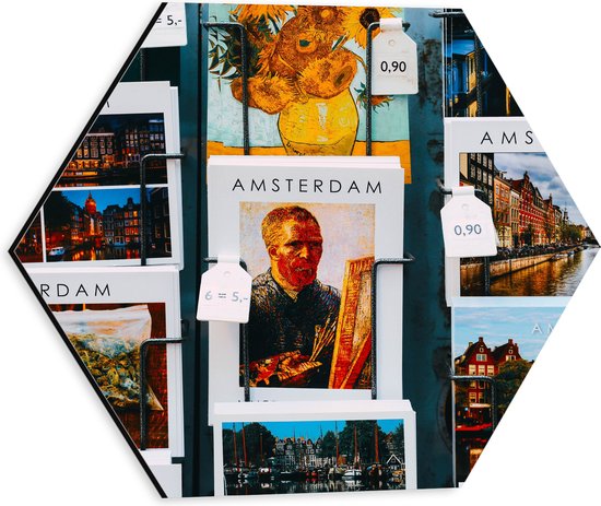 Dibond Hexagon - Amsterdamse Ansichtkaarten in het Rek - 30x26.1 cm Foto op Hexagon (Met Ophangsysteem)