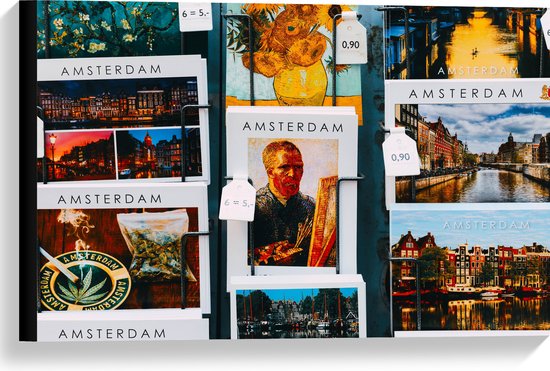 Canvas - Amsterdamse Ansichtkaarten in het Rek - 60x40 cm Foto op Canvas Schilderij (Wanddecoratie op Canvas)