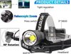 Zwarte hoofdlamp met verstelbare band, XHP70 LED, telescopische zoom en 90° rotatie. Details van het product.