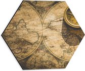 Dibond Hexagon - Kompas met Wereldkaarten - 30x26.1 cm Foto op Hexagon (Met Ophangsysteem)