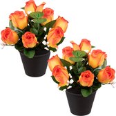 Louis Maes Fleurs artificielles petit bouquet de roses en pot - 2x - orange - H25 cm - Composition florale - Vert feuille