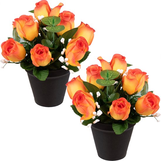 Louis Maes Fleurs artificielles petit bouquet de roses en pot - 2x - orange - H25 cm - Composition florale - Vert feuille