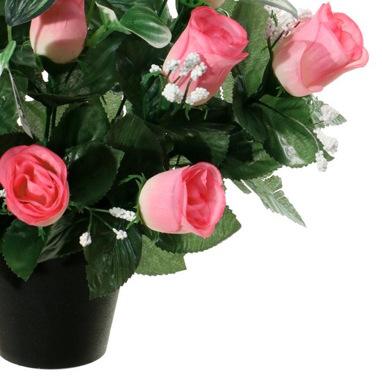 Louis Maes Fleurs artificielles en pot - 2x - rose clair - H35 cm - Ornement composition florale - roses/gypsophile avec feuille verte