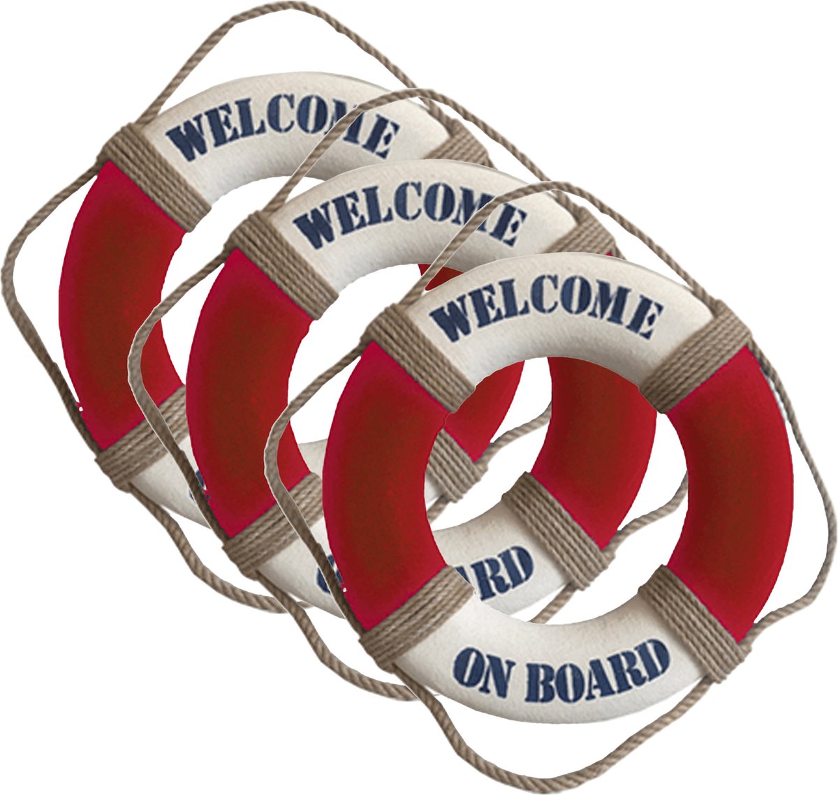 Gerkimex Reddingsboei - 3x - Welcome on board - 14 cm - rood/wit - kunststof - maritiem thema decoratie