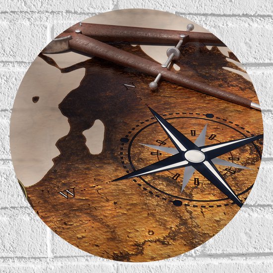Muursticker Cirkel - Kompas op Wereldkaart - 40x40 cm Foto op Muursticker
