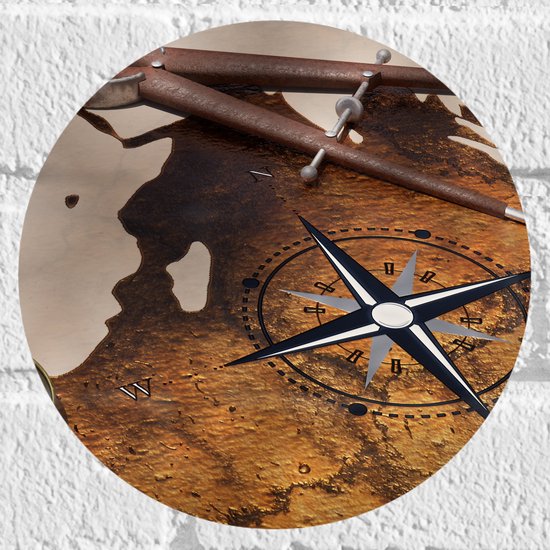 Muursticker Cirkel - Kompas op Wereldkaart - 20x20 cm Foto op Muursticker
