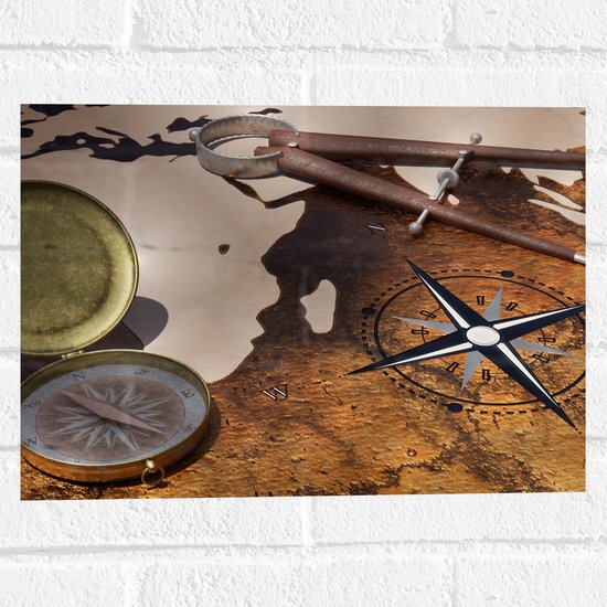 Muursticker - Kompas op Wereldkaart - 40x30 cm Foto op Muursticker