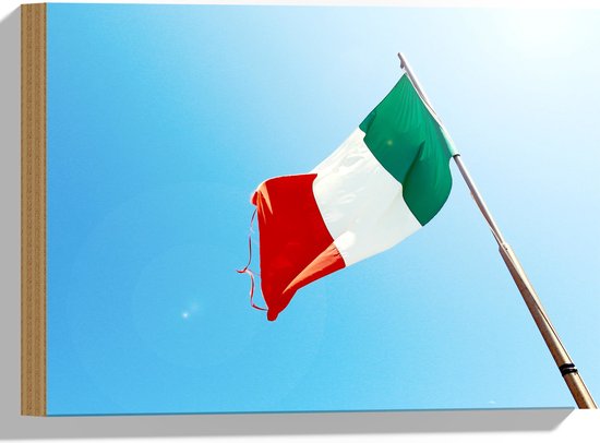 Hout - Italiaanse Vlag op Stok - 40x30 cm - 9 mm dik - Foto op Hout (Met Ophangsysteem)