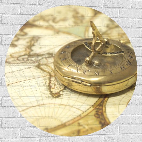 Muursticker Cirkel - Gouden Kompas op Wereldkaart - 100x100 cm Foto op Muursticker
