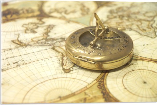 Acrylglas - Gouden Kompas op Wereldkaart - 60x40 cm Foto op Acrylglas (Wanddecoratie op Acrylaat)